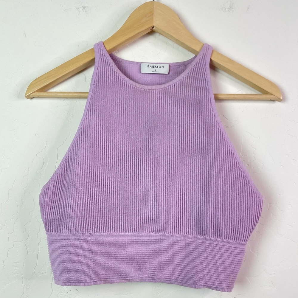 Aritzia Babaton Sculpt Knit High Neck Racerback Crop Top in Lavender Size Large